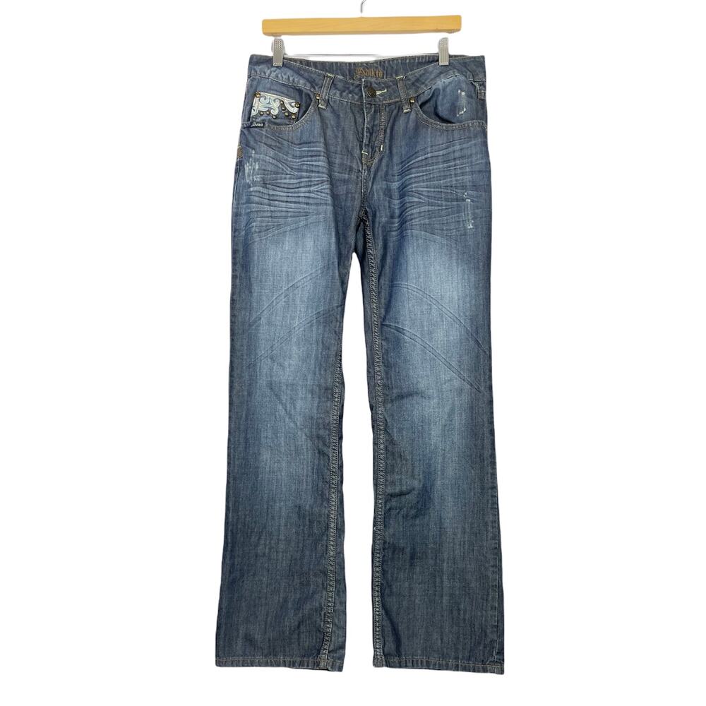 Adiktd Embellished Pockets Flare Leg Mid Rise Studded Country Dark Wash Jeans - Picture 2 of 8